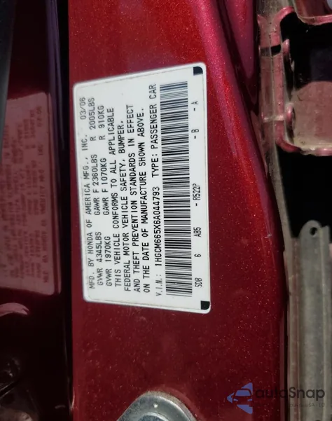 2006 Honda Accord Ex из США, поврежденный, VIN 1HGCM665X6A044793